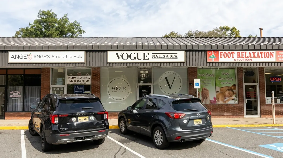 Storefront of Vogue Nails & Spa at 646 Westwood Ave, River Vale NJ, with parking in front