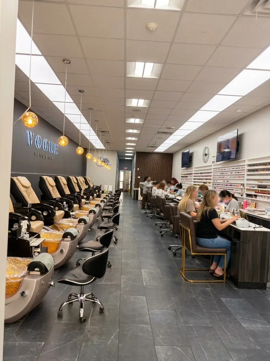 Inside Vogue Nails & Spa in River Vale NJ, with pedicure chairs on the left and manicure stations on the right
